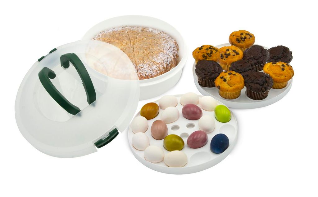 3-in-1 Transportbox Set- Kombi-Behälter für Kuchen, 12 Muffins & 18 Eier - mit Tragegriff & Deckel