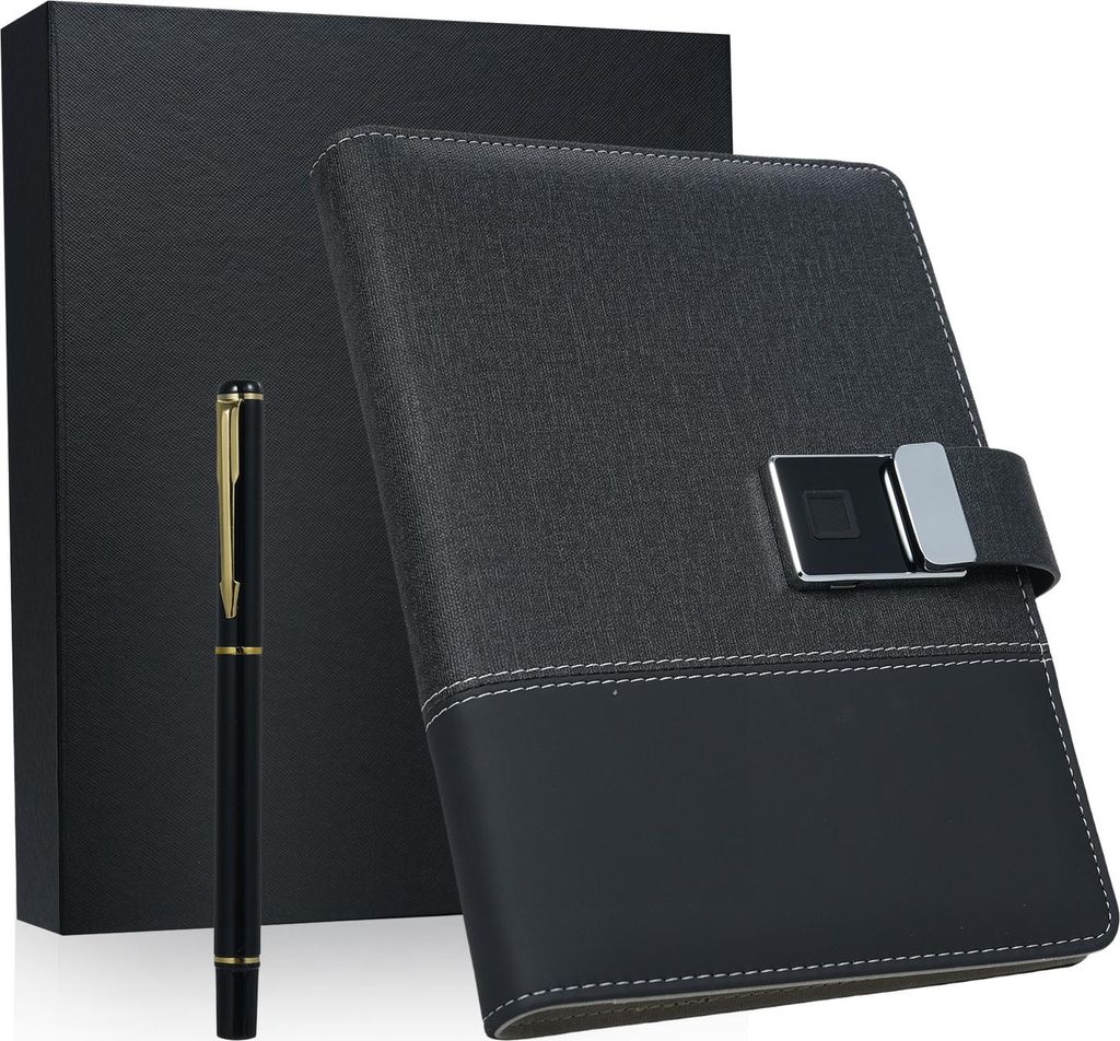 LUCKDANO A5-Notizbuch aus Leder mit Fingerabdruckschloss und 16 GB USB-Laufwerk, Liniert, Tagebuch, Gesch?ftsplaner, Studenten, Schwarz