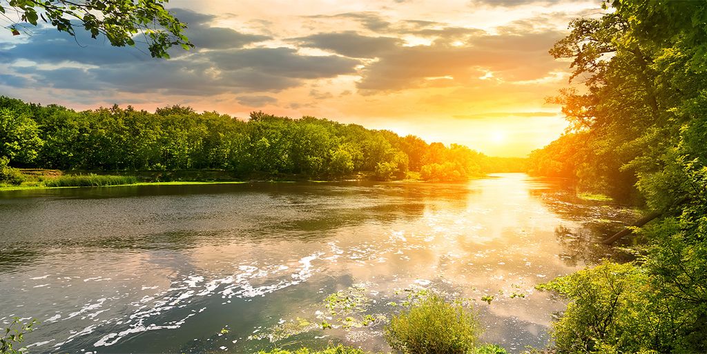 Tulup Glas-Bild -140x70- Wandkunst Dekorative Wand für Küche & Wohnzimmer - Landschaften - Dämmerung Fluss - Grün