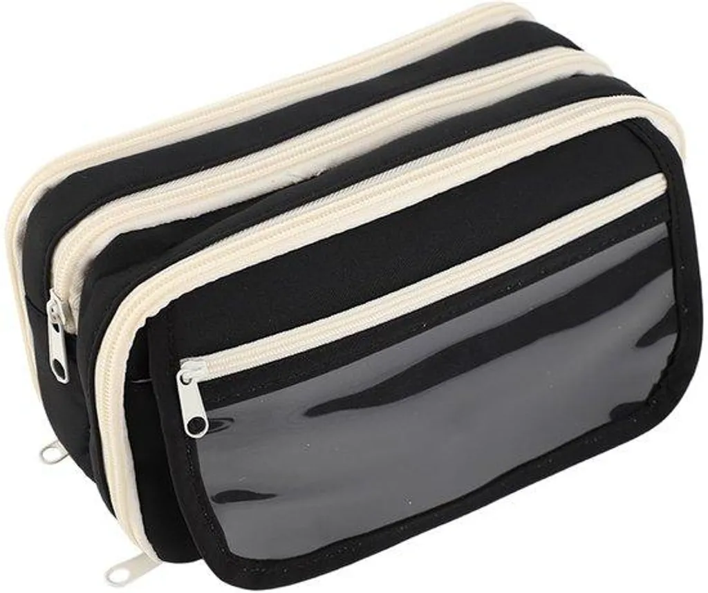 Grande trousse scolaire noire multi-compartimentée format rectangulaire