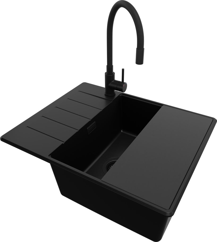 PRIMAGRAN Granitspüle Alles Schwarz 62x50cm, Spülbecken 1 Becken + Ablauf-Set + Küchenzubehörset, Küchenspüle ab 50er Unterschrank - Kopenhagen