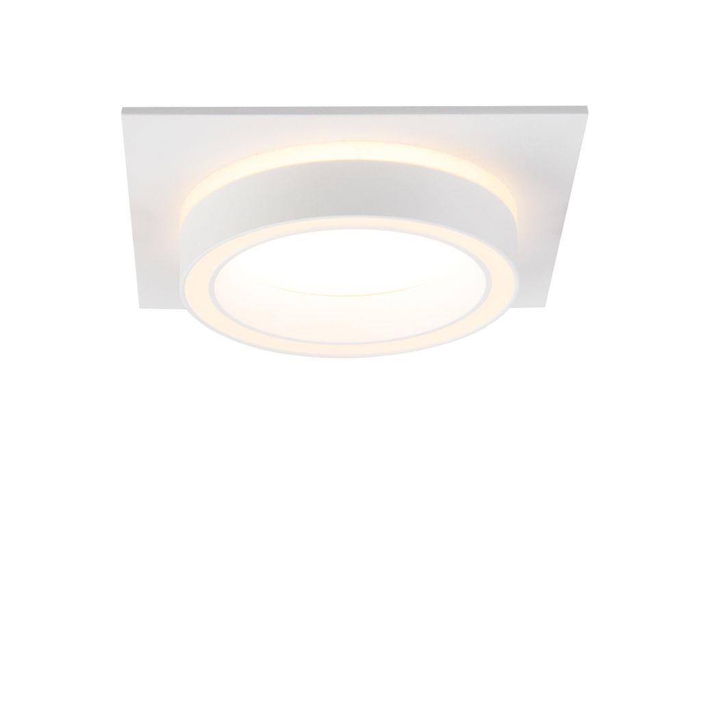 A white square ceiling light with a circular light in the center.