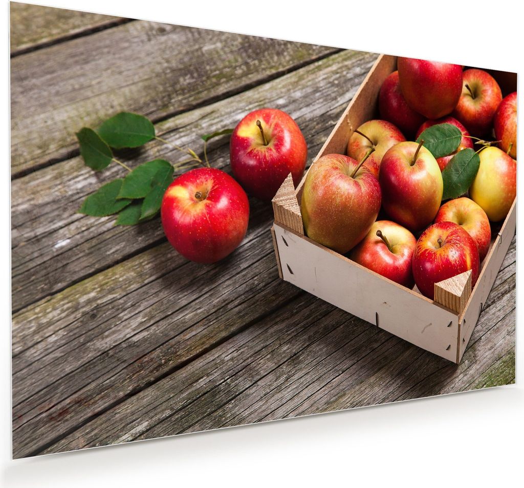 Glasbild Wandbild Äpfel auf Holztisch 120x80cm in XXL für Wohnzimmer, Schlafzimmer, Badezimmer, Flur