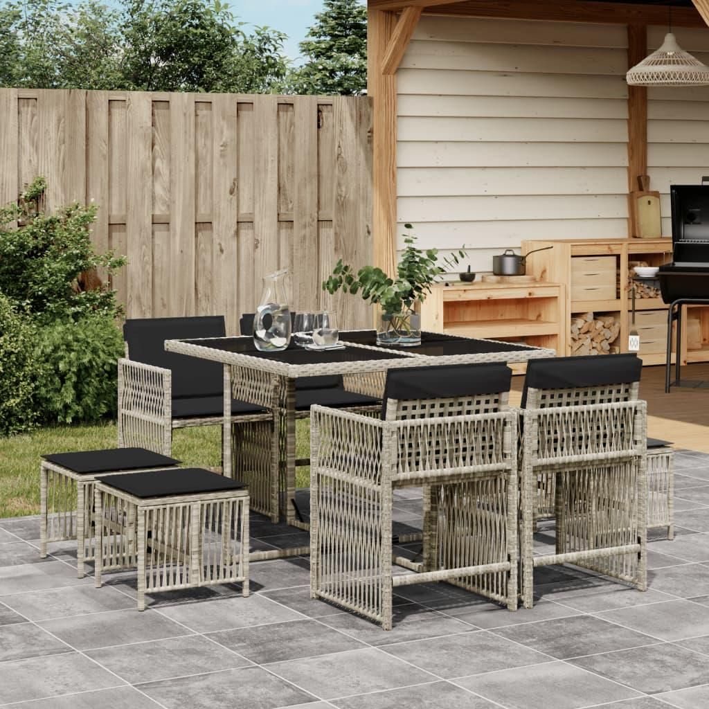 "Schlussverkauf" 9-tlg. Garten-Essgruppe UV-beständig - Sitzgruppe mit Kissen - Hellgrau Poly Rattan C11949