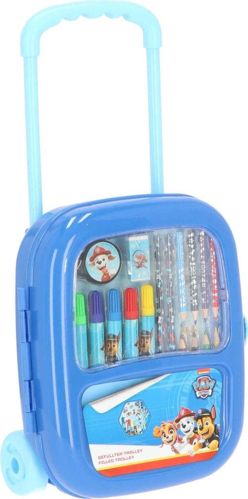 A blue Paw Patrol trolley art set is displayed against a white background.