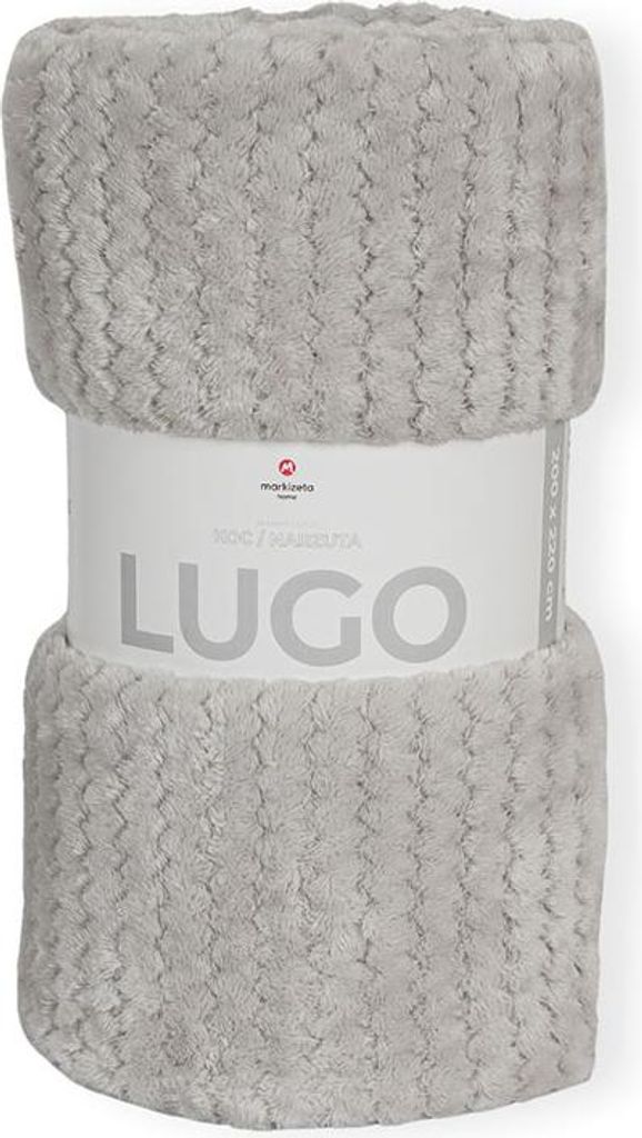A rolled-up gray blanket with a white label around it.