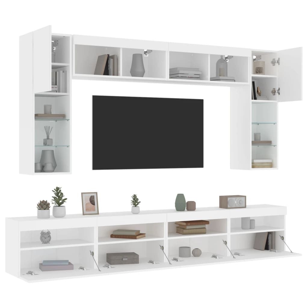 Design 8-tlg. TV-Wohnwand mit LED-Leuchten Weiß, TV-Schränke 2024 Neu