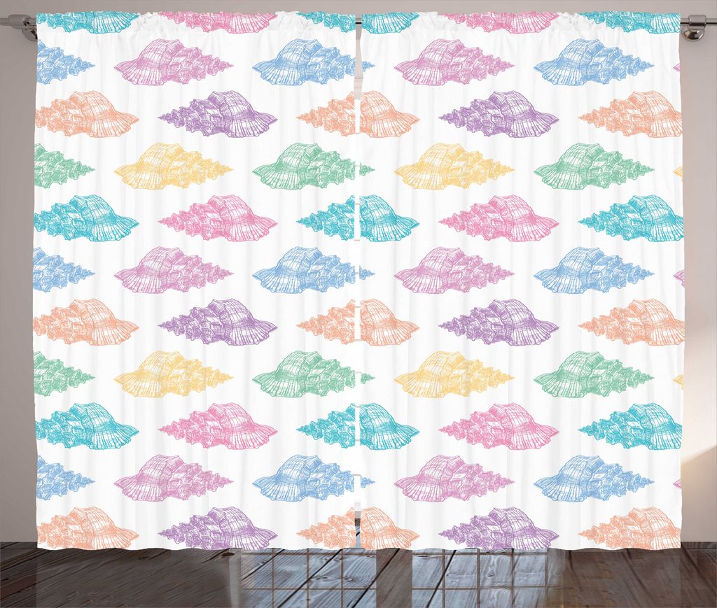 ABAKUHAUS Nautisch Rustikaler Gardine, Hand gezeichnet Seashells Motiv, Wohnzimmer Universalband Gardinen mit Schlaufen und Haken, 280 x 225 cm, we...