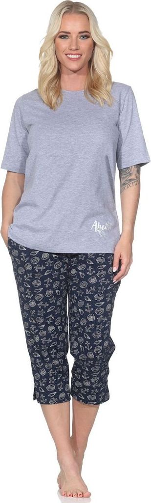 Normann Damen kurzarm Capri Schlafanzug Shorty in maritimer Optik - auch in Übergrößen ; grau , 52