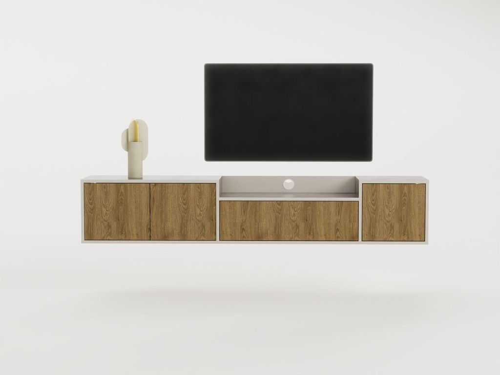PINELLA TV-Möbel – Cremefarbene und dunkle Eichenausführung – 3 Flügeltüren + 1 Klapptür – 200 x 35 x 37 cm