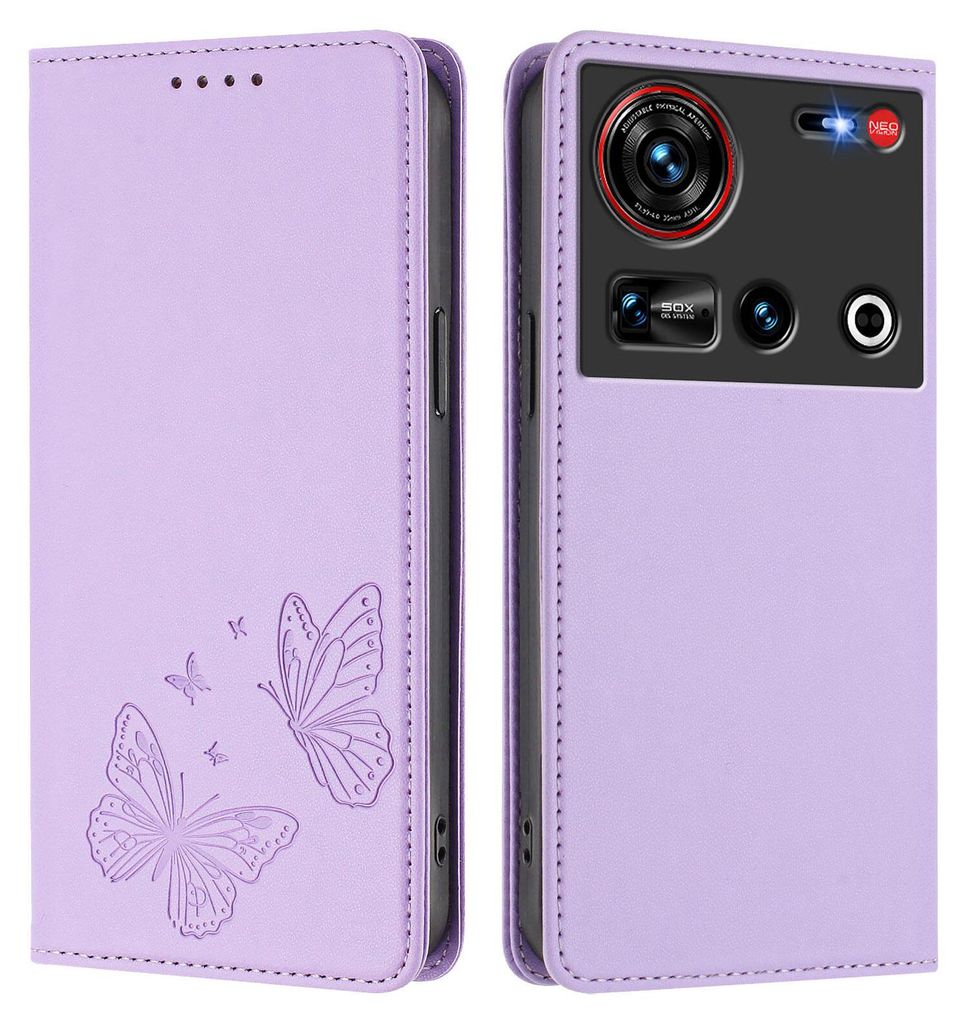 Lederhülle für ZTE Nubia Z70 Ultra/Z70S Ultra, Schmetterling Prägung Leder Brieftasche Schutzhülle mit Ständer Violett