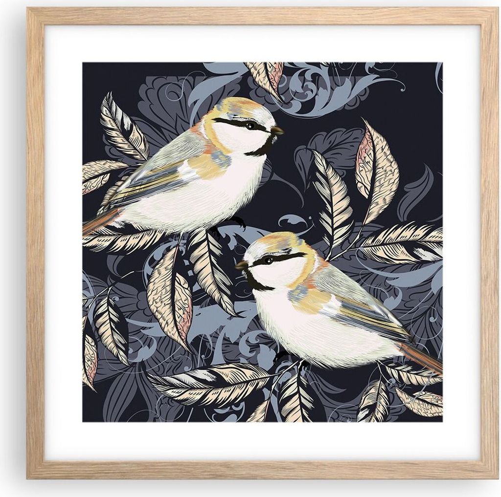Gerahmtes Poster - Rahmen in heller Eiche - Vögel Blätter Ornament - 40x40 cm - Wand Bild - Wanddeko - Wandbilder - Kunstposter - Wandposter - Bi...