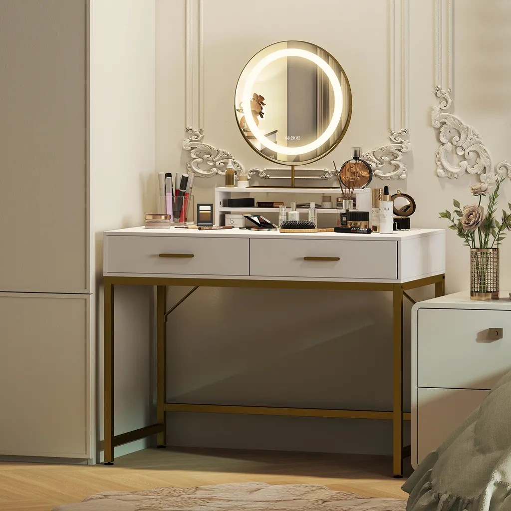 Coiffeuse LED Idéale Maquillage avec Grand Miroir et Double Tiroir