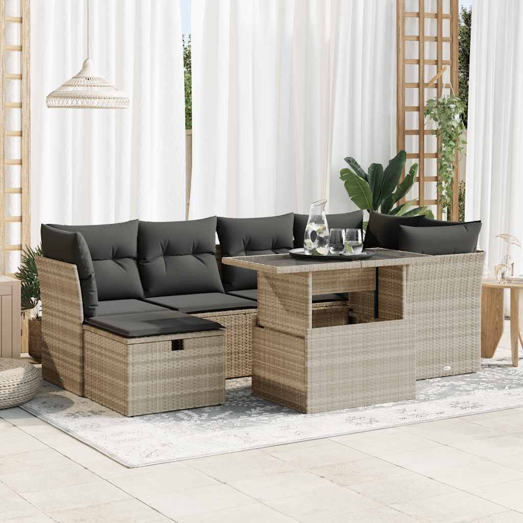 "2026 Promotion" 7-tlg. Garten-Sofagarnitur/Terrassenmöbel - mit Kissen - Hellgrau Poly Rattan - Gartenmöbelset CC18393