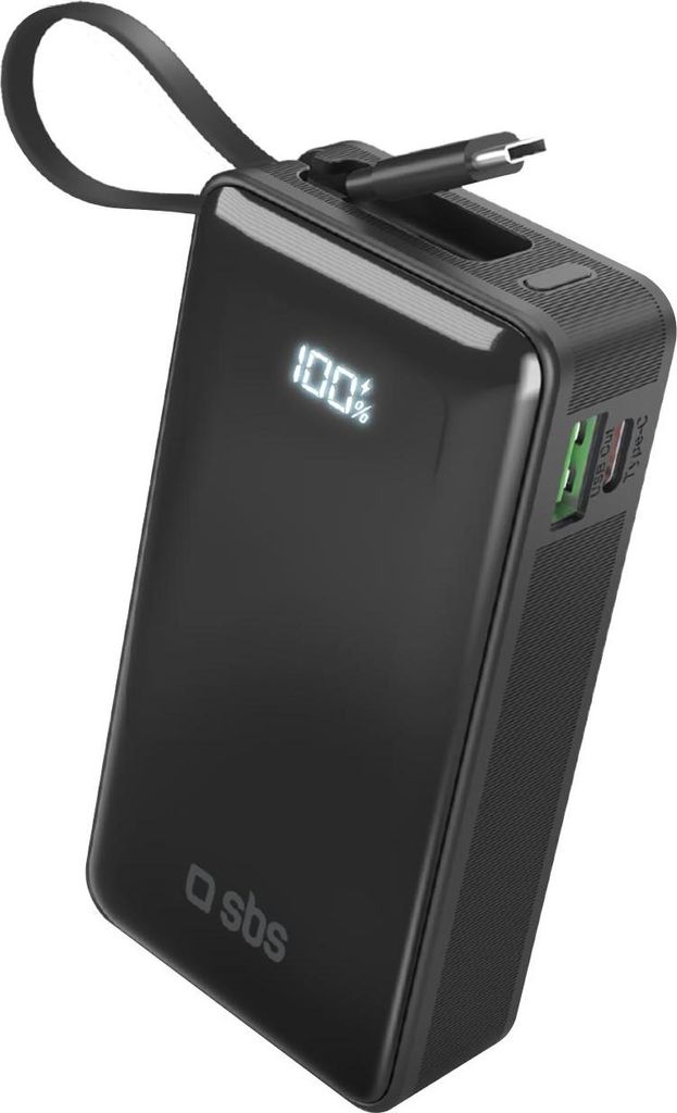 10.000 mAh-Powerbank mit integriertem USB-C Kabel, Schwarz