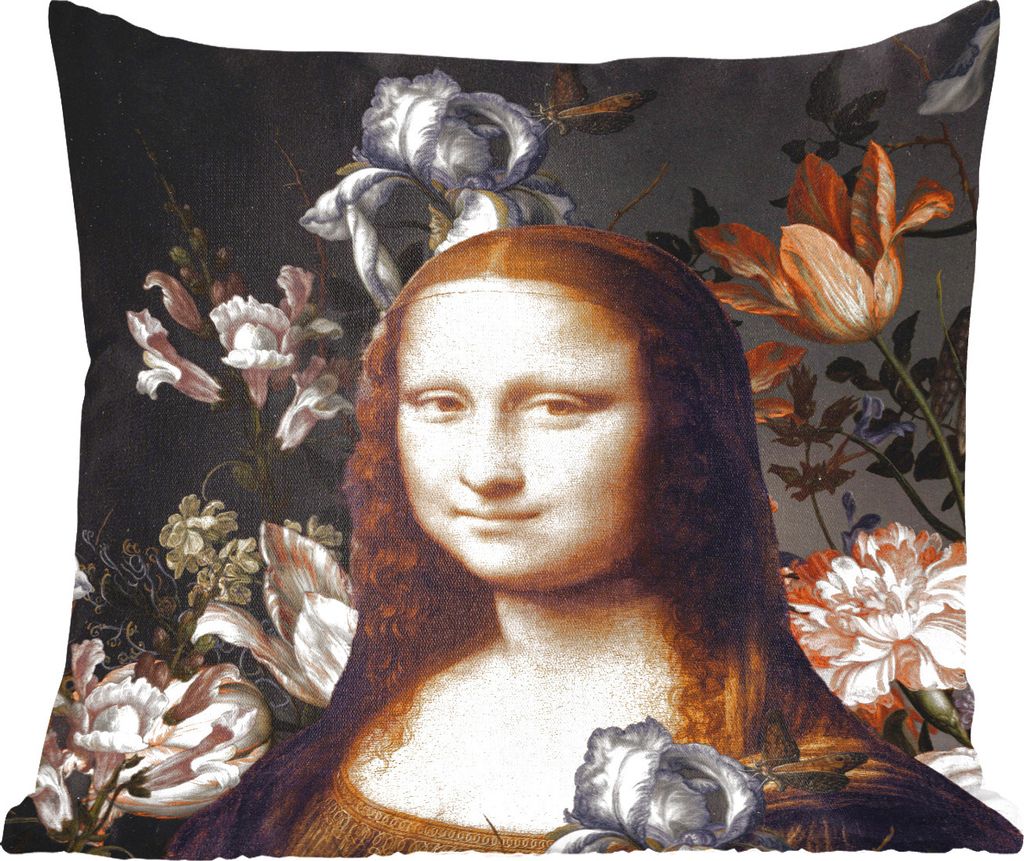 MuchoWow Zierkissen Sofakissen Wohnzimmer Dekokissen 40x40 cm Mona Lisa - Blumen - Alte Meister - Foto Kissen - Schlafzimmer Dekoration