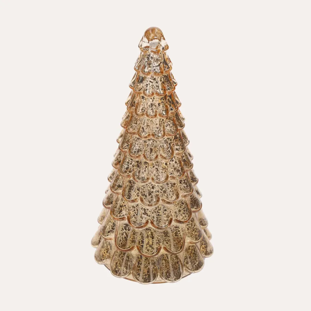 Petit sapin en verre doré brillant 20cm avec éclairage LED chaleureux