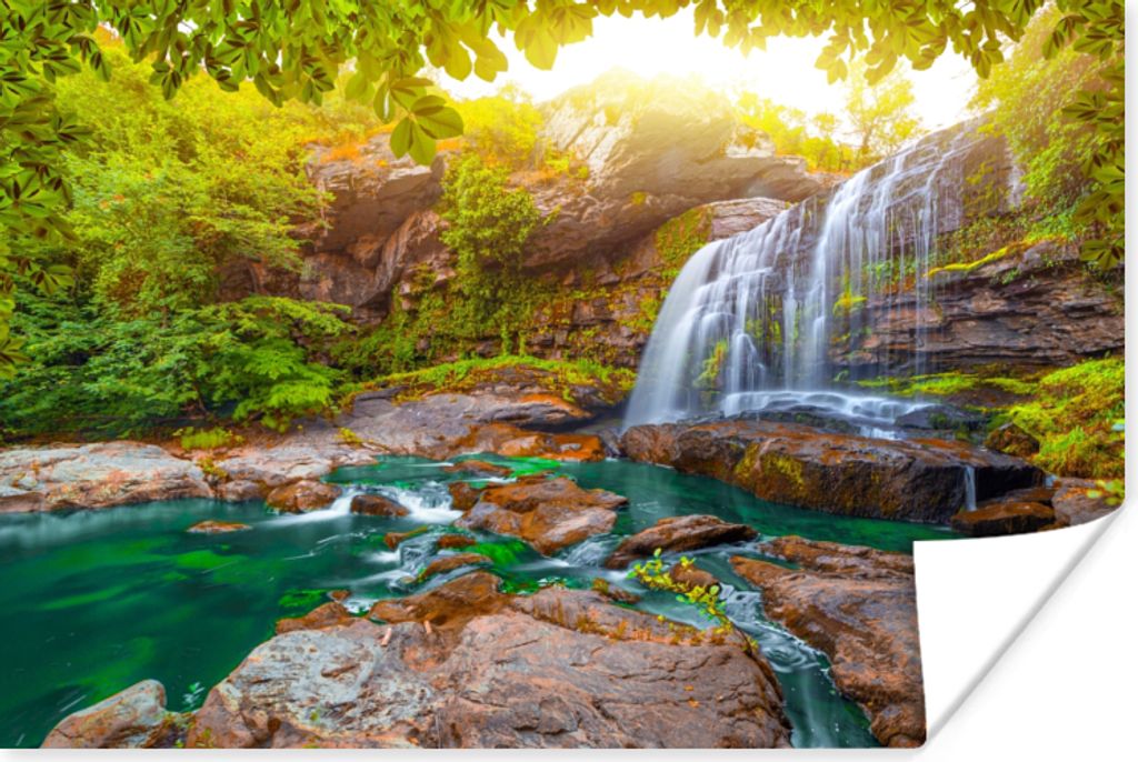 MuchoWow Poster Natur - Wasserfall - Pflanzen - Bäume - Sonne 30x20 cm - Plakate - Print