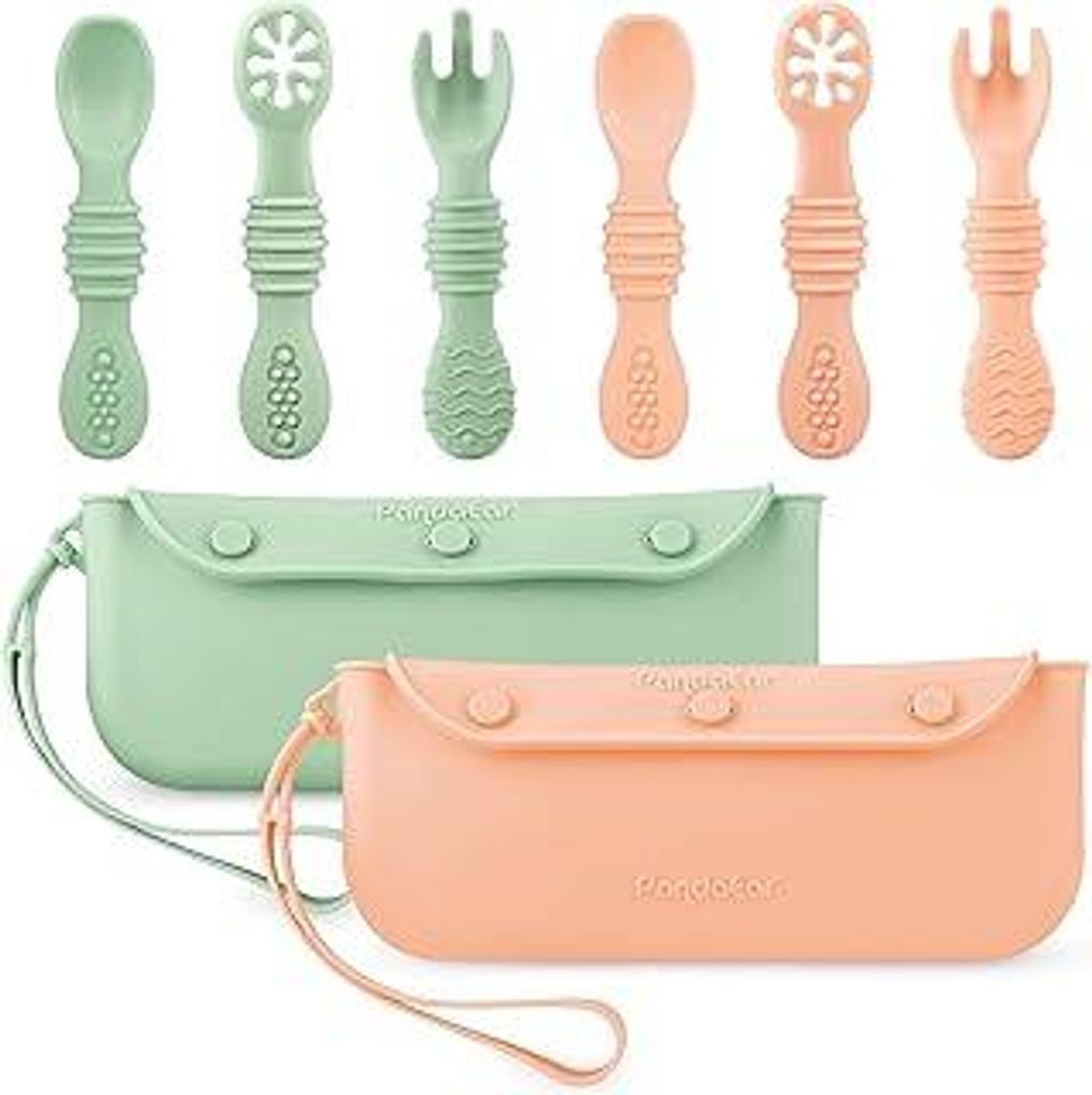 PandaEar 6 Stück Silikon Lernlöffel Baby Löffel Gabel Set Brei ab 4 Monaten Selber Essen with Storage Bag