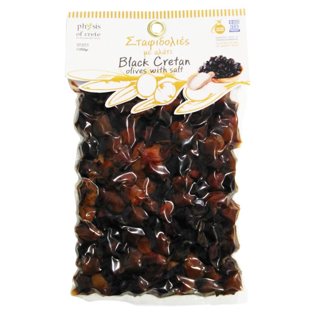 Oliven Physis of Crete 250 g Dunkel Ungeschält Hondroelia in Salz Getrocknet Naturbelassen aus Griechenland