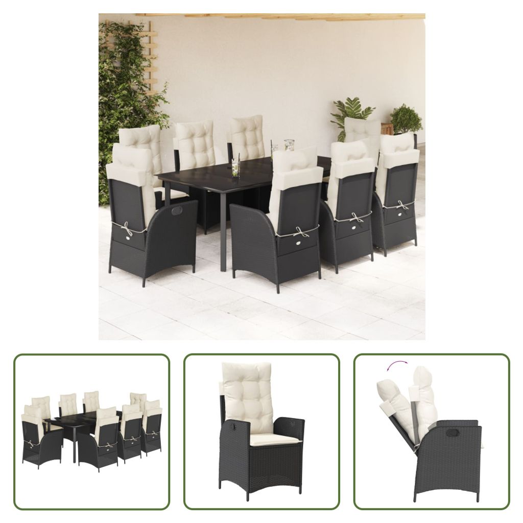 The Living Store 9-tlg. Garten-Essgruppe mit Kissen Schwarz Poly Rattan