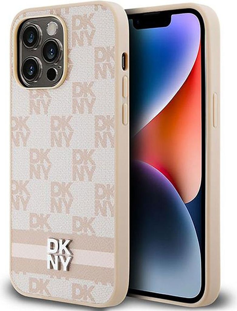 DKNY, iPhone 14 Pro Max Hülle elegant kariert und gestreift Muster, Rosa