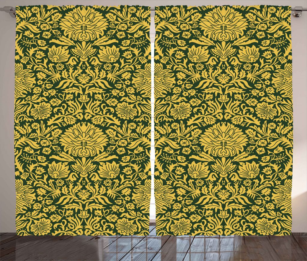 ABAKUHAUS Blumen Rustikaler Vorhang, Barock Blumen-Motiv, Wohnzimmer Universalband Gardinen mit Schlaufen und Haken, 280 x 245 cm, Grüne Erde Gelb