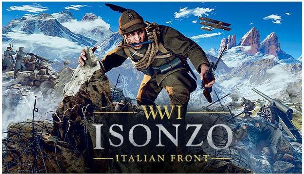 A soldier in a mountainous battlefield during WWI, with planes in the sky and artillery in the background.