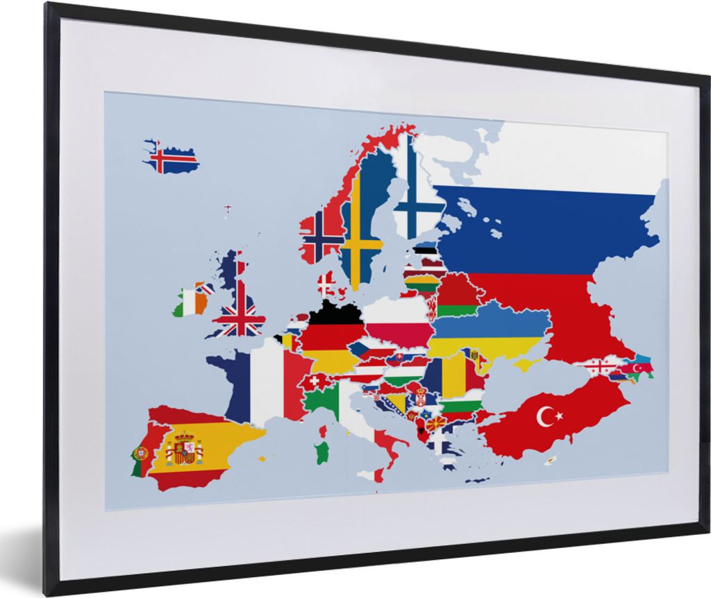 MuchoWow MuchoWow Gerahmtes Poster Karte - Europa - Flagge 60x40 cm - Poster mit zchwarzem Bilderrahmen - Schlafzimmer - Plakat in Rahmen - Dru...