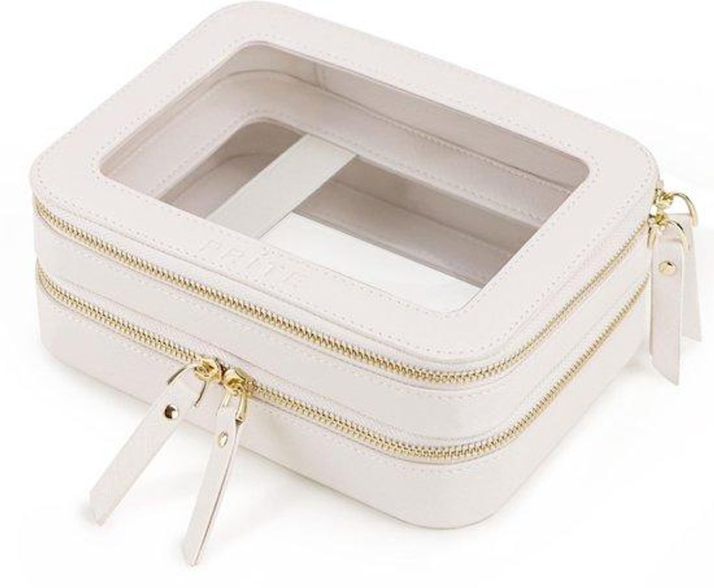 Gepolsterter Reise-Kosmetik-Koffer mit doppeltem Verschluss und Kompartimenten (Beige)