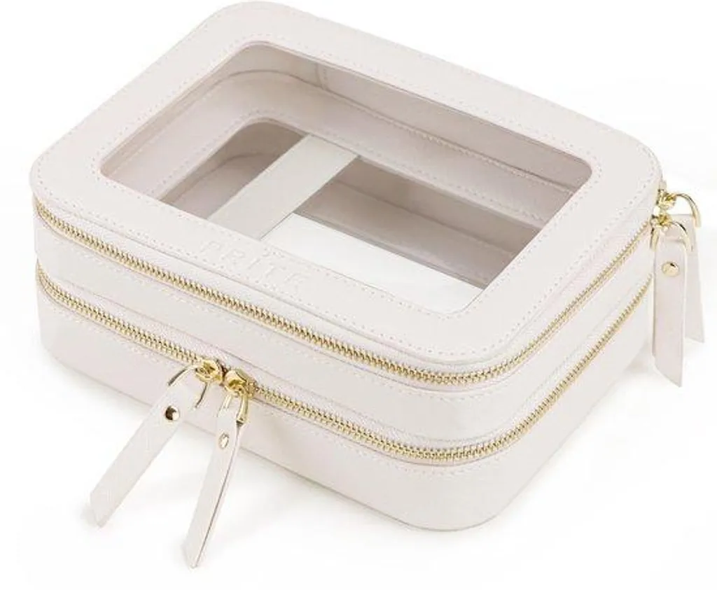 Trousse cosmétique beige à double zip et rangement optimisé avec rembourrage