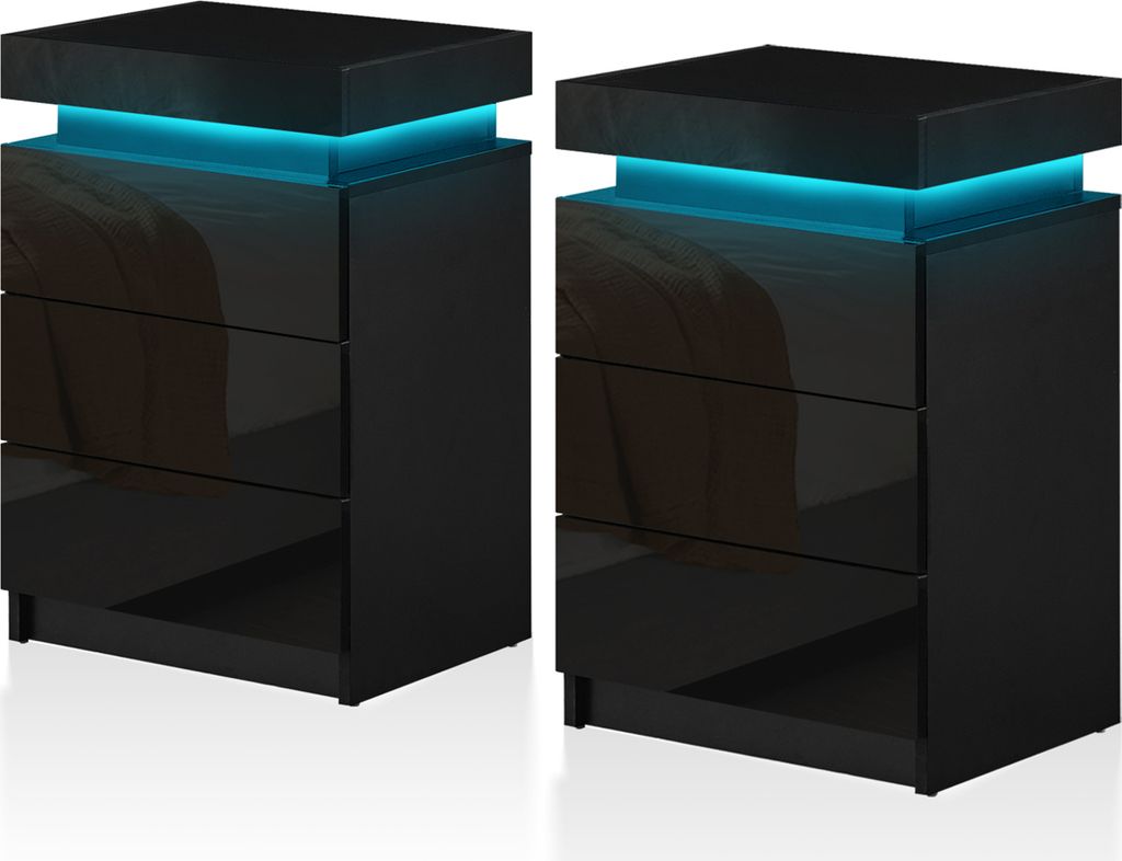 CLIPOP Nachttisch mit LED, 3 Schubladen, 1 Oberer Stauraum, Hochglanz, 2er Set, Schwarz