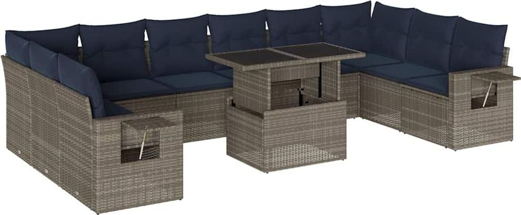 vidaXL 11-teiliges Gartensofa-Set mit Kissen, grau, Polyrattan