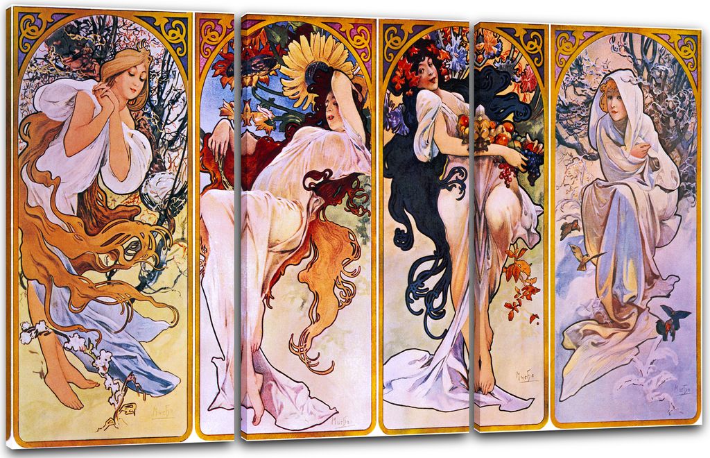 Leinwandbild 3-teilig (120x80cm): Alfons Mucha - Vier Jahreszeiten, echter Holz-Keilrahmen inkl. Aufhänger, handgefertigt in Deutschland