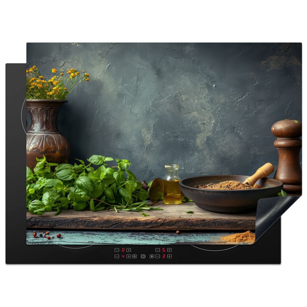 KitchenYeah Herdabdeckplatte Stilleben - Küche - Kräuter , 71x52cm, Küche Deko, Glaskeramikkochfeld Herdabdeckung, Abdeckplatte fùr Kochfeld