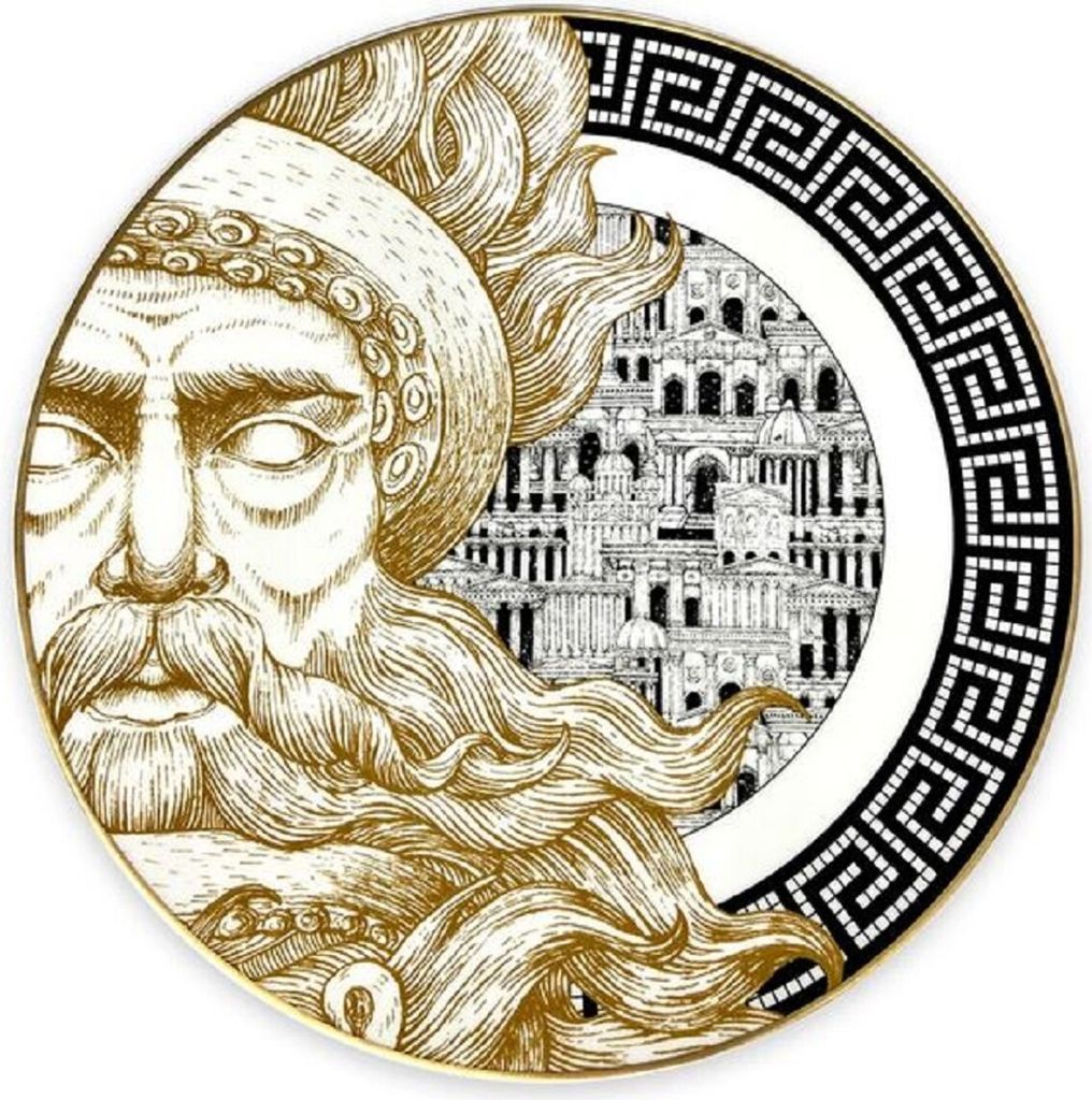 Casa Padrino Luxus Porzellan Teller Gott (linke Seite) Weiß / Schwarz / Gold Ø 29 cm - Handbemalter Porzellan Essteller - Luxus Qualität - Italy