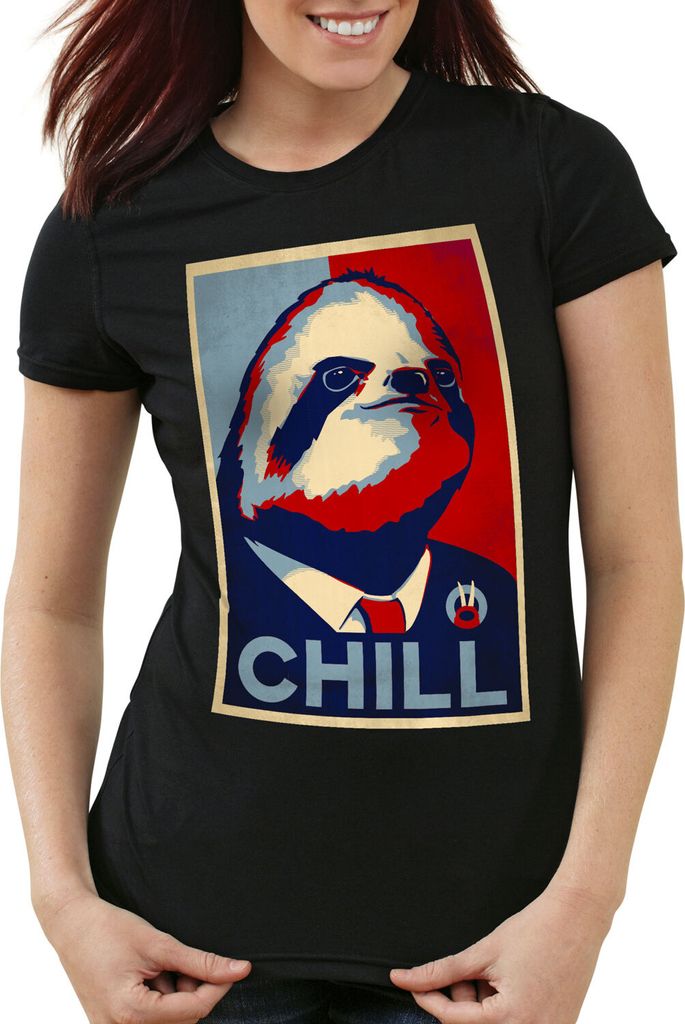 style3 CHILL Damen T-Shirt lässig faultier kampagne, Farbe:Schwarz, Größe:XS