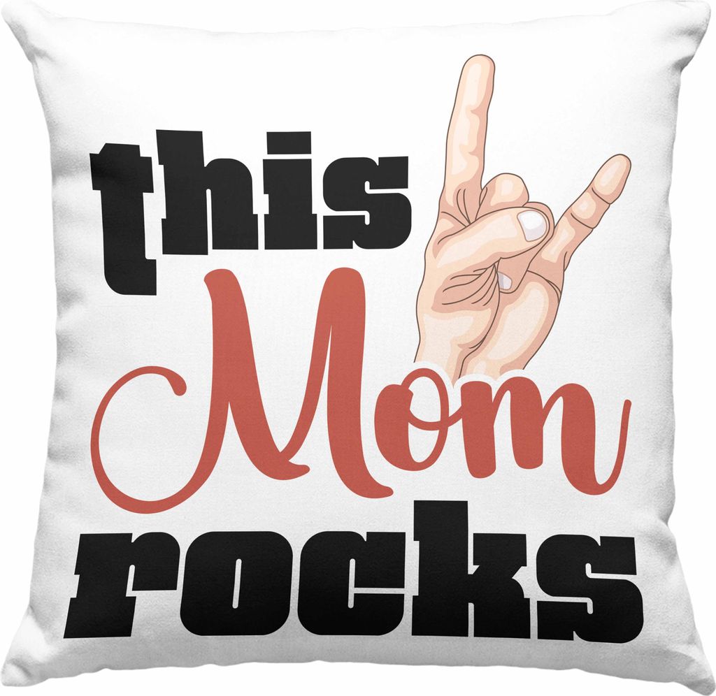 Trendation - This Mom Rocks Lustige Deko-Kissen mit Füllung 40x40 Mama Rockn Roll Geschenkidee (Rosa)