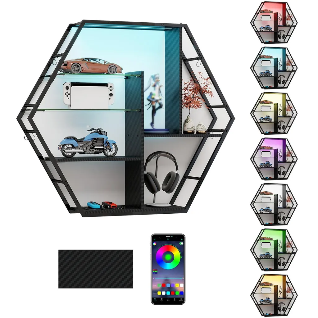 Grande Étagère Murale Design Bois Métal avec Verre Flottant et LED