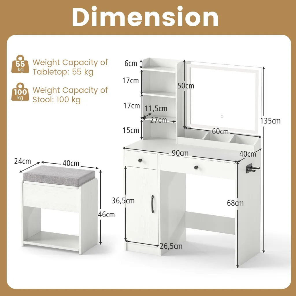 Table de Maquillage Complète avec Tabouret et Rangement Coiffeuse Blanche