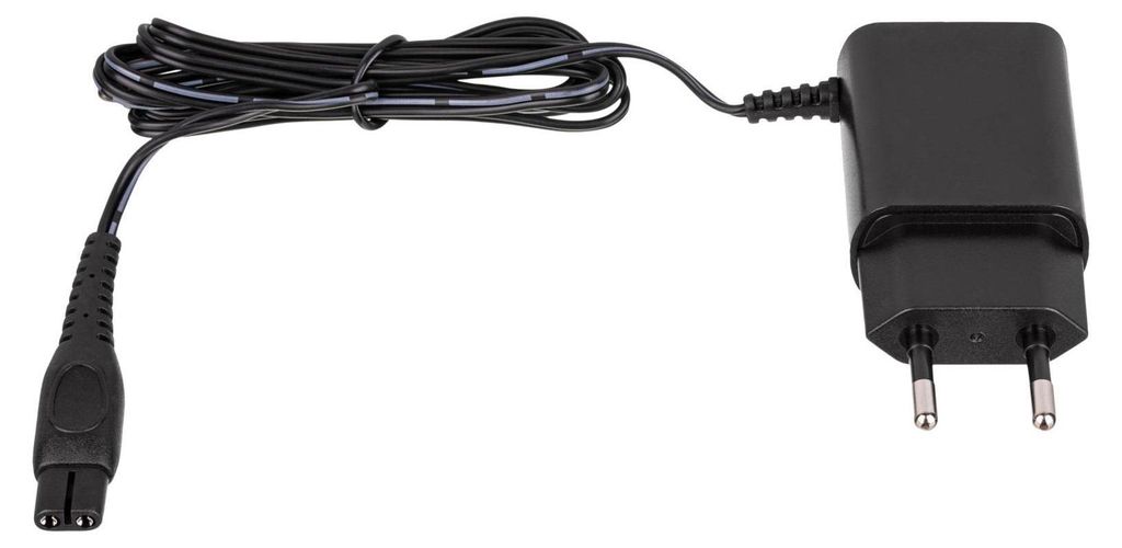 A black power adapter with a cord and plug.