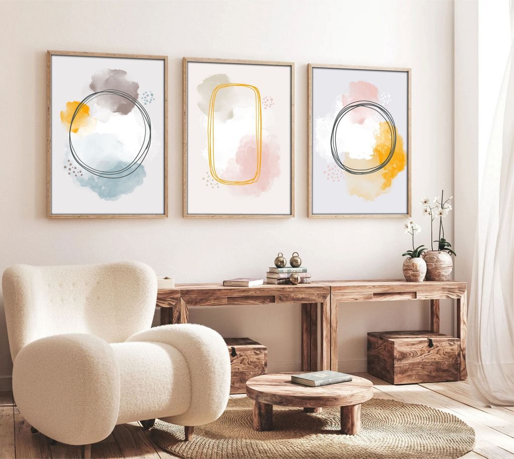 Wallity, Huhu125 - 50 x 35, Dekorativ gerahmtes MDF-Gemälde (3 Stück), 100 % MDF, Mehrfarbig, 35 x 50 cm