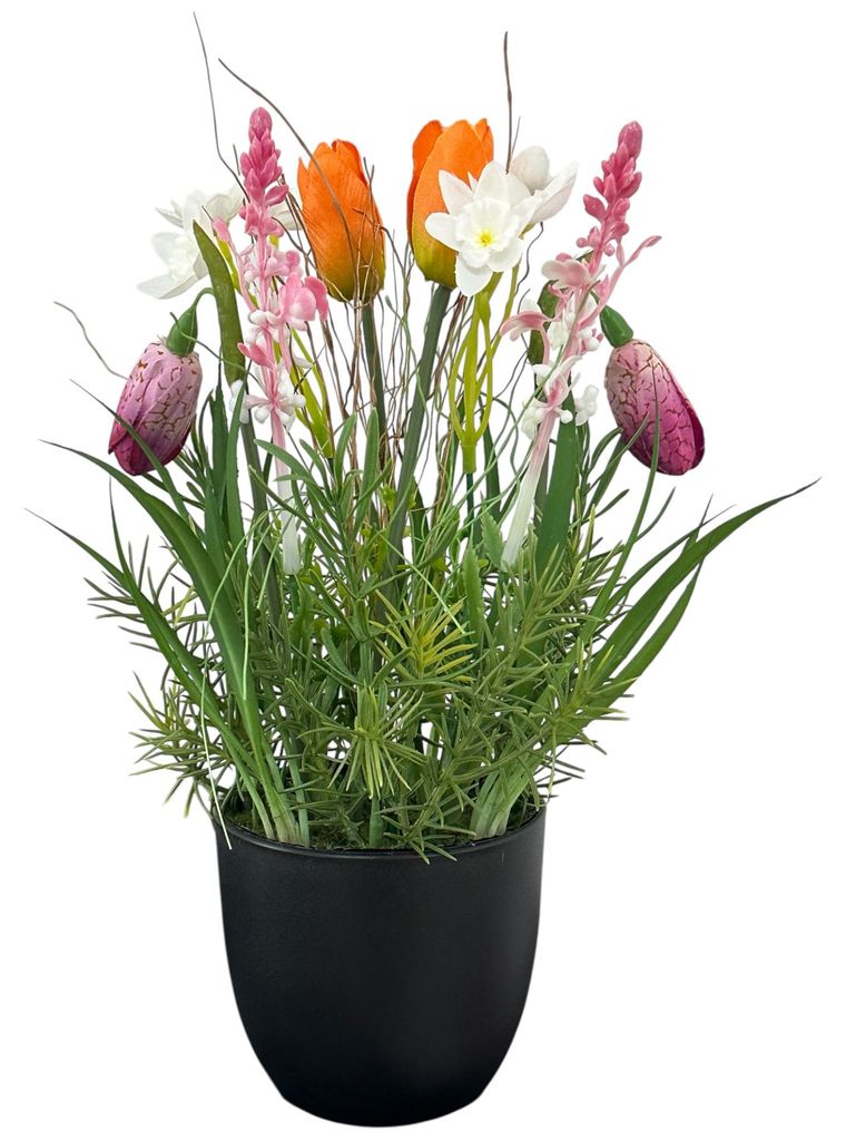 Künstlicher Frühlingsmix im Topf, 27cm. Kunstblumen Orange Pink