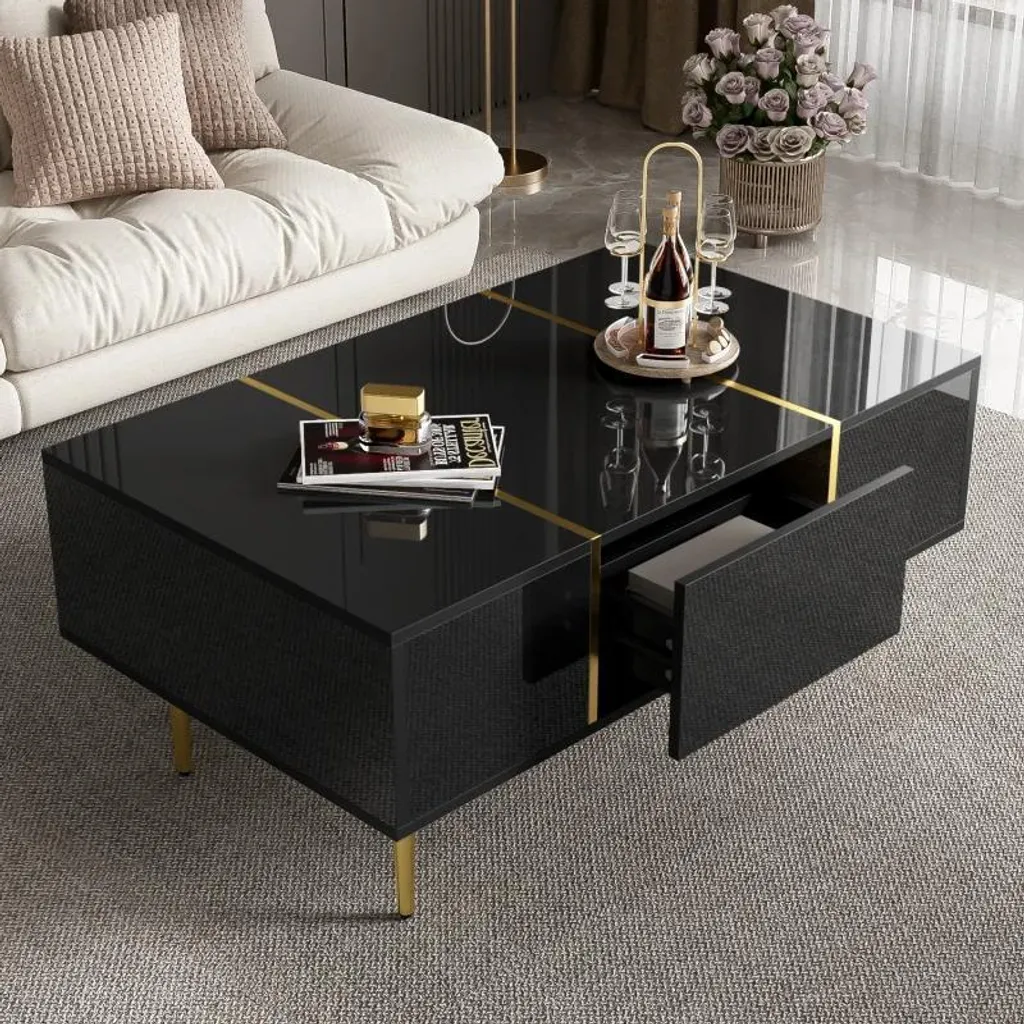 Table basse rectangulaire noir brillant design moderne avec rangement - 3