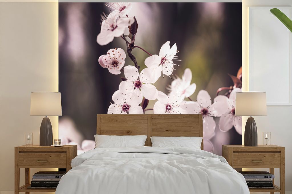 MuchoWow Fototapete für Wohnzimmer oder Schlafzimmer Wandtapete Vinyl Motivtapete Blumen - Weiß - Natur - Pflanze - Blüte - 350x350 cm - Schla...