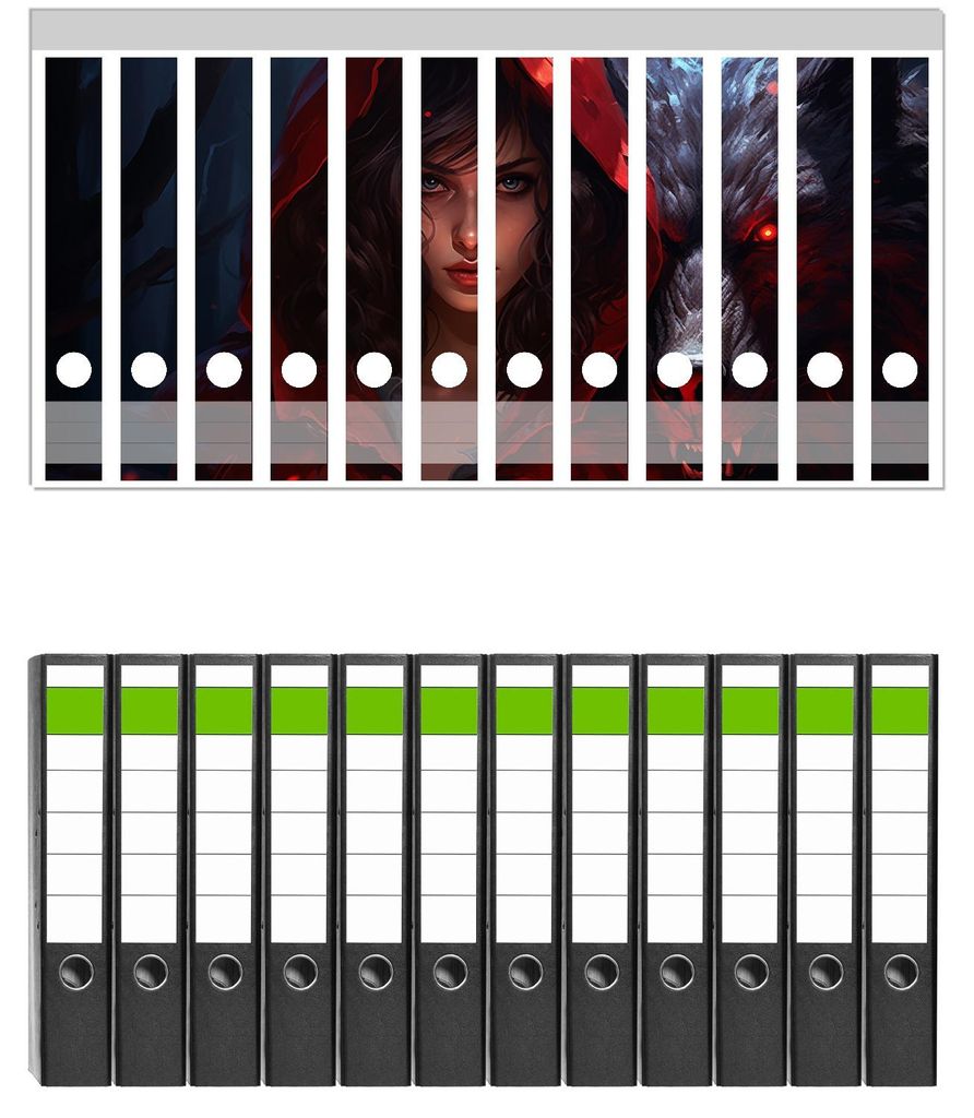 Wallario 12 Stück schmale Ordner inkl. Klebeetiketten mit Motive Das Mädchen und der Wolf - Set mit Rückenschildern / Ordnerrücken Stickern
