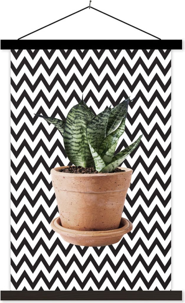 MuchoWow Textilposter Pflanze - Blumentopf - Schwarz - Weiß 60x90 cm mit schwarzem Rahmen - Poster Wohnzimmer