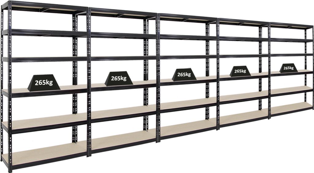 Mega Deal | 5x Schwerlastregal Giant Tiger XL | HxBxT 220x120x40cm | Fachlast 265kg | 6-Ebenen | Schwarz | Garagenregal, Lagerregal, Steckregal, Ke...