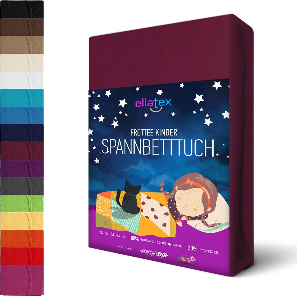 A folded burgundy fitted sheet is shown next to a collage of other colored fitted sheets. The fitted sheet has a label with a starry night scene and a child sleeping with a cat.
