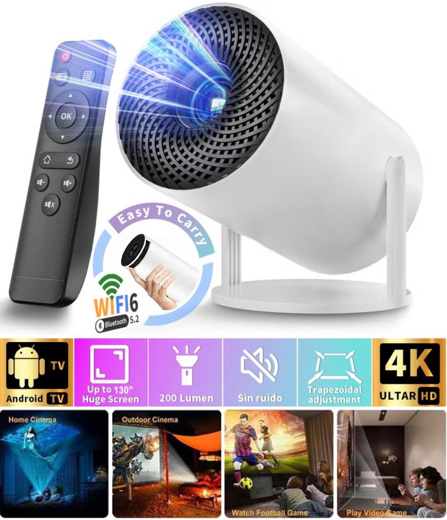 Smarter 4K Mini Projektor mit WiFi 6 und Bluetooth 5.4 sowie 180° Auto Keystone Korrektur Full-HD